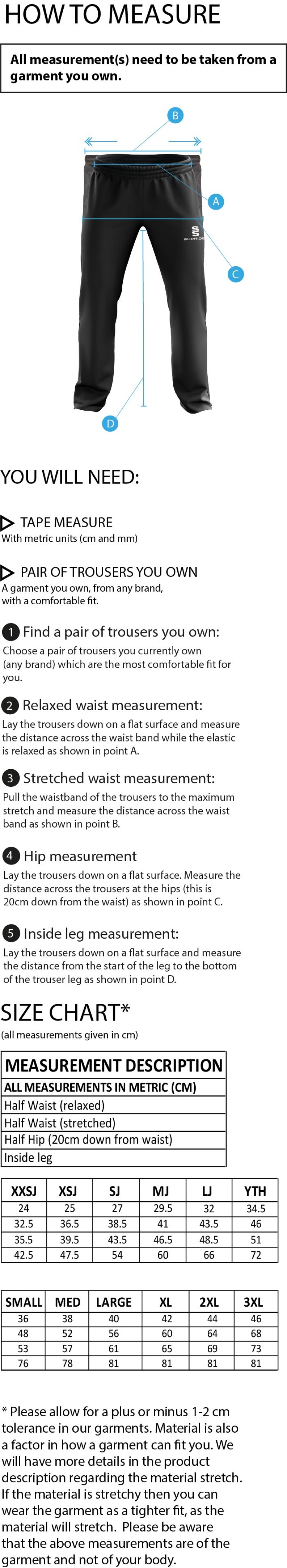 BELMONT CC POPLIN TRACK PANT WITH LYCRA - Size Guide