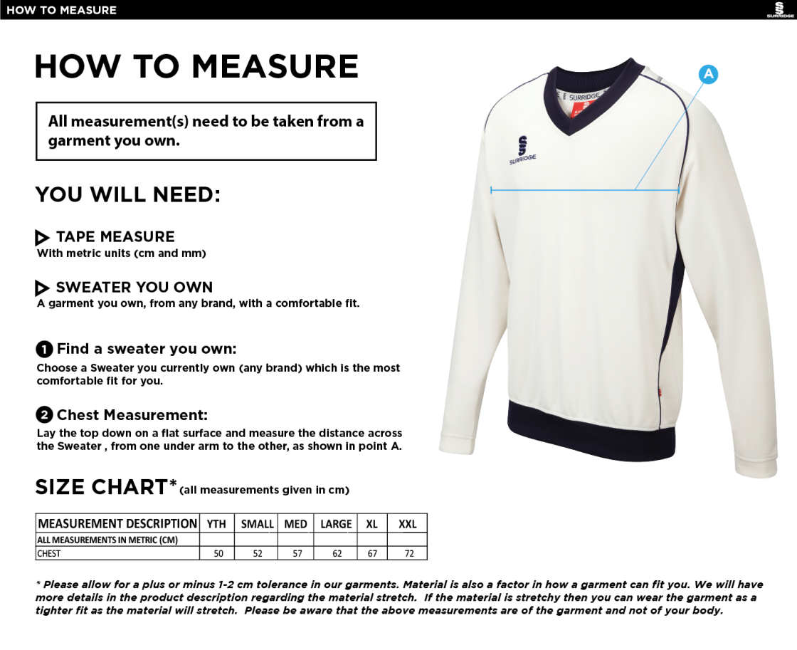 Belmont CC Long Sleeve Cricket Sweater - Size Guide