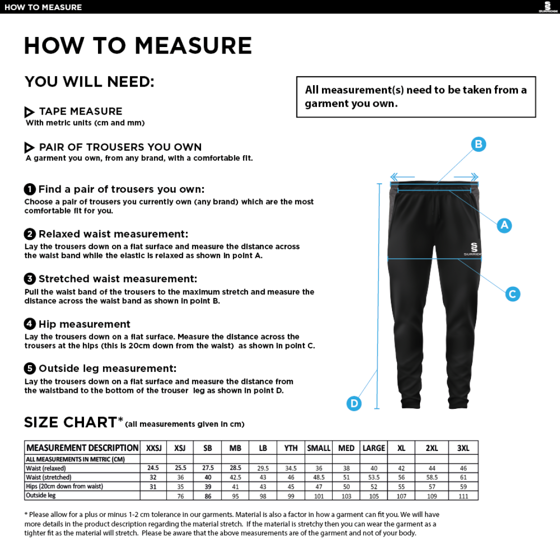 Belmont CC Tek Slim Training Pants : Navy - Size Guide