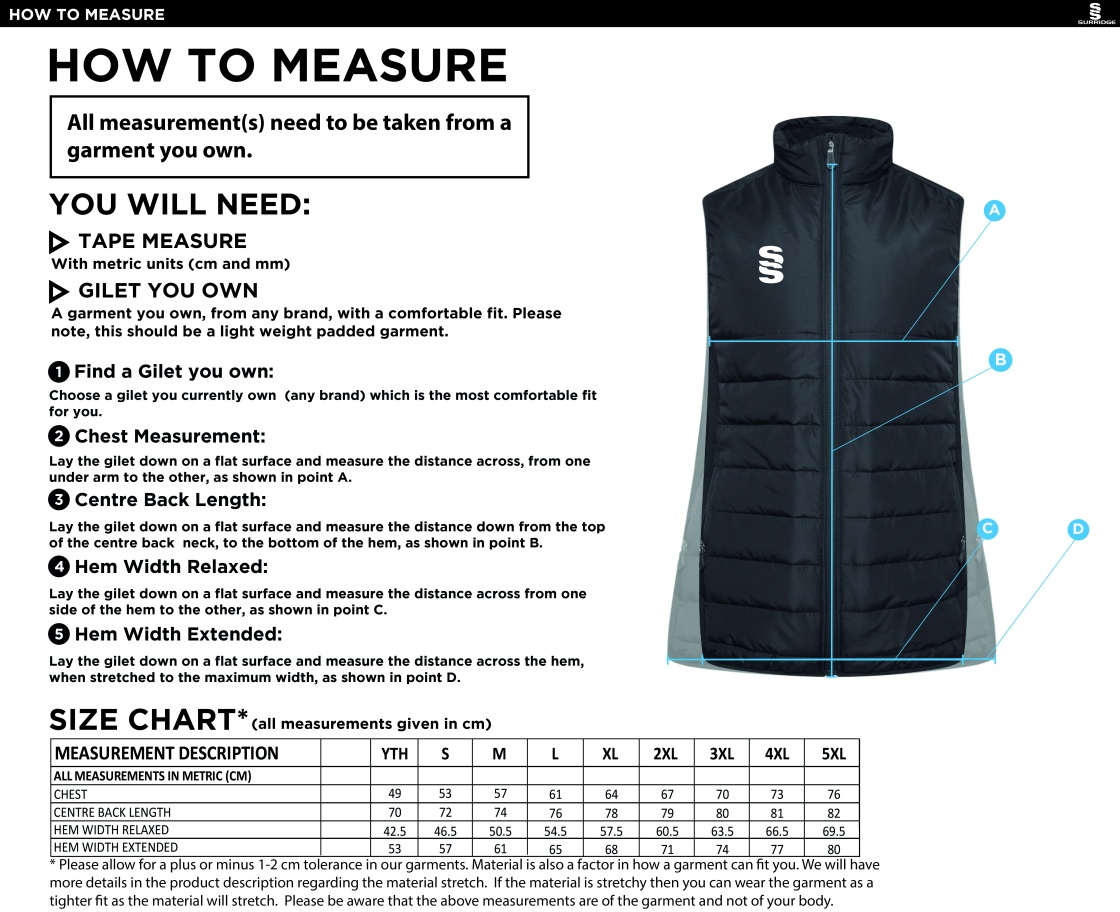 BELMONT CC ACTIVE GILET - NAVY - Size Guide