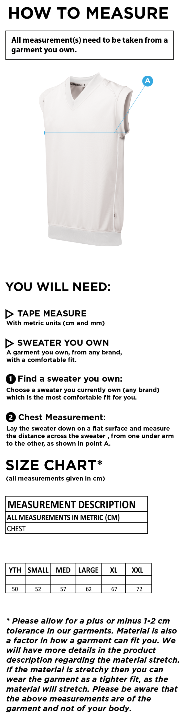 Belmont CC Sleeveless Cricket Sweater - Size Guide