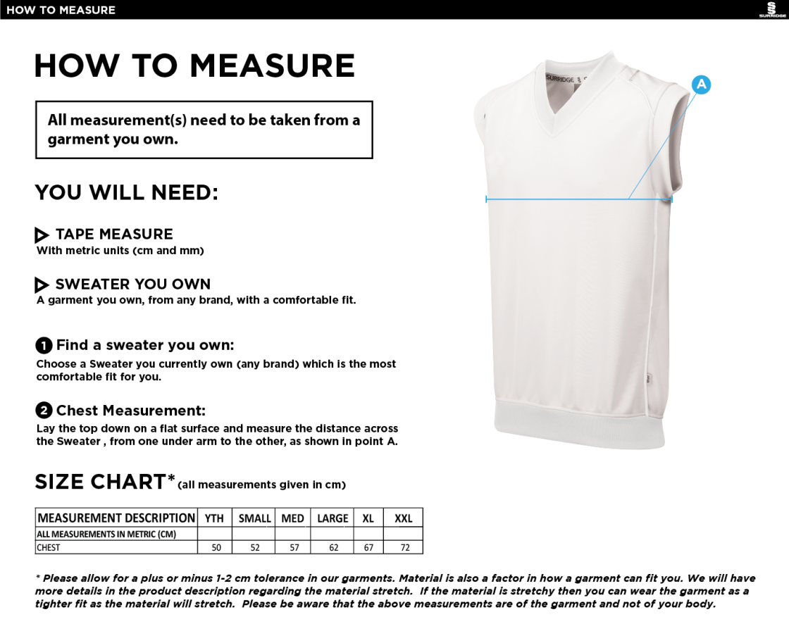 Belmont CC Sleeveless Cricket Sweater - Size Guide