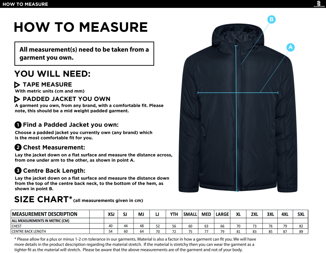 BELMONT CC Active Padded Jacket - Navy - Size Guide