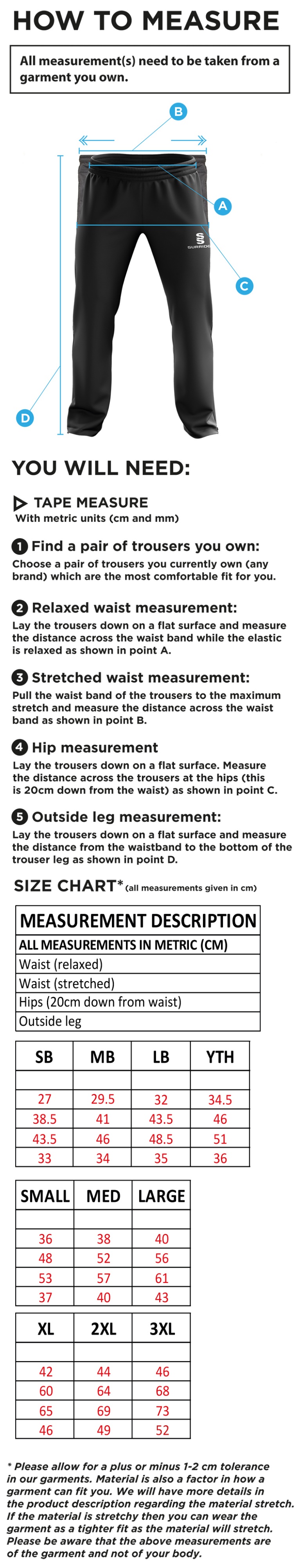 Belmont CC Rip Stop Track Pant : Navy - Size Guide