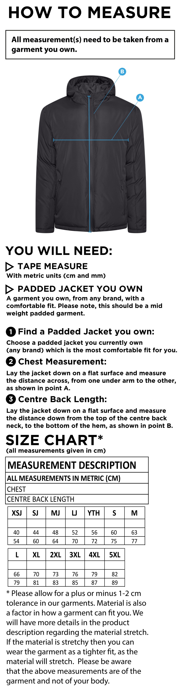 BELMONT CC Active Padded Jacket - Navy - Size Guide