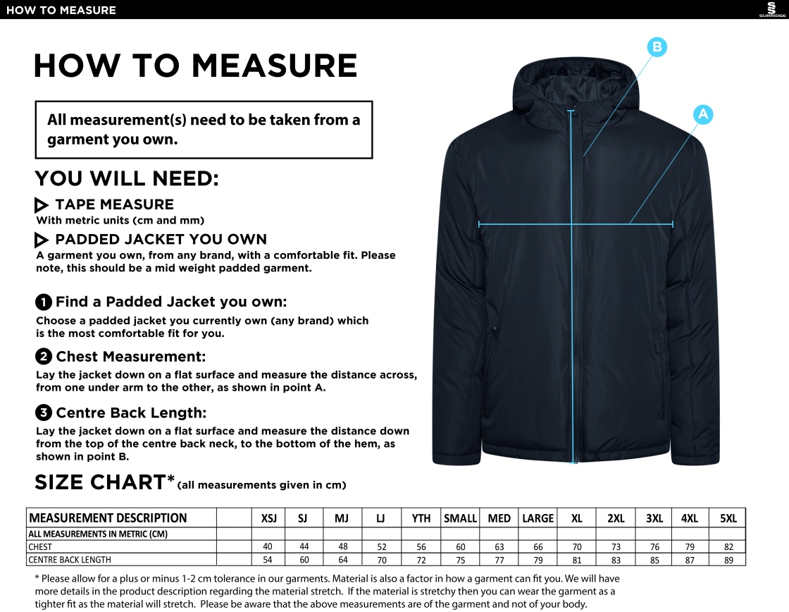 BELMONT CC Active Padded Jacket - Navy - Size Guide