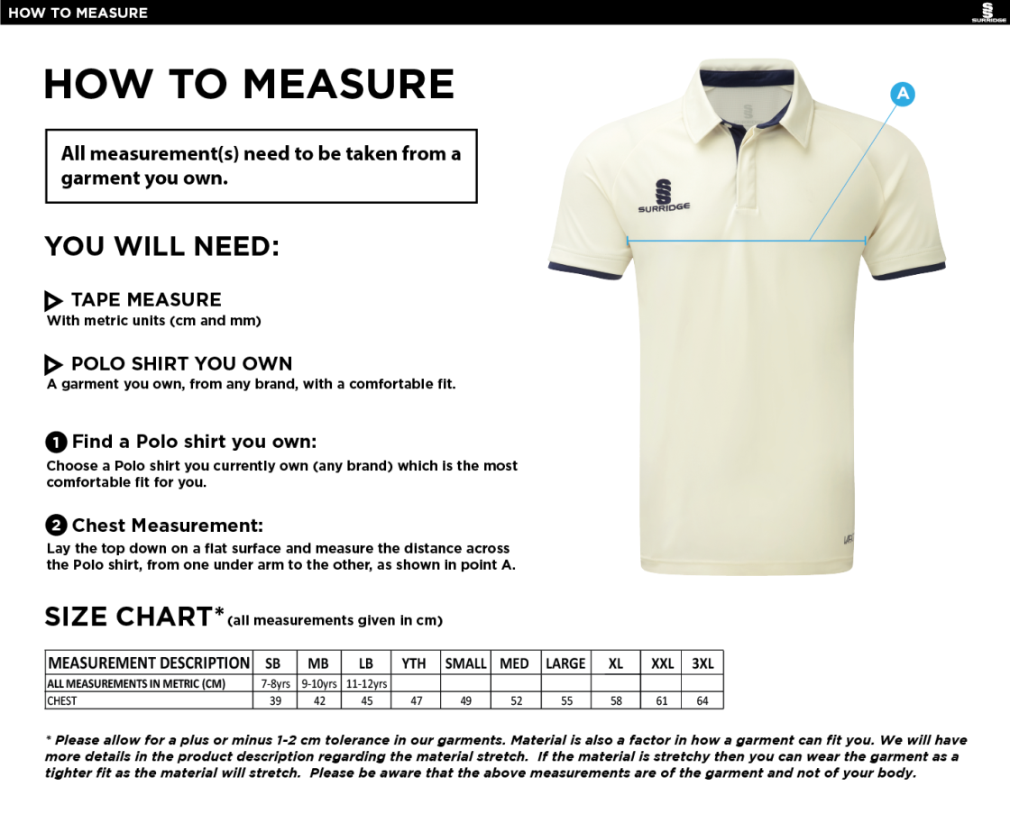Belmont CC Short Sleeve Ergo Cricket Shirt - Size Guide