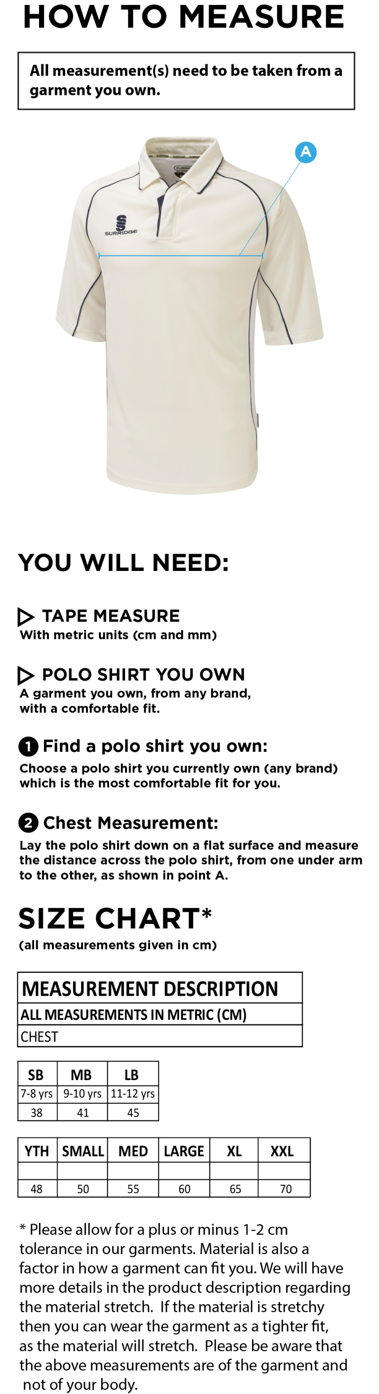 Belmont CC 3/4 Sleeve Premier Cricket Shirt - Size Guide