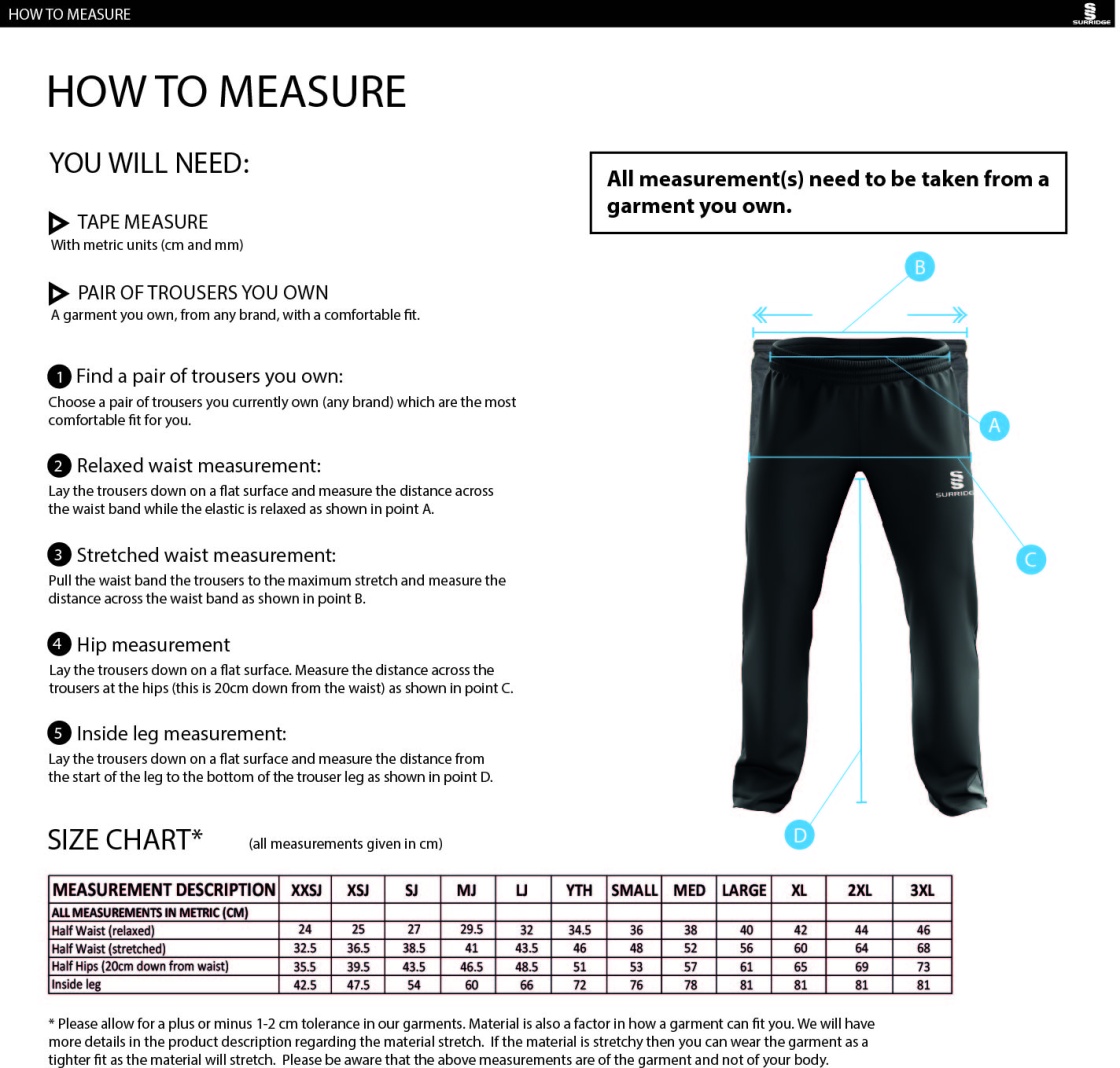 BELMONT CC POPLIN TRACK PANT WITH LYCRA - Size Guide