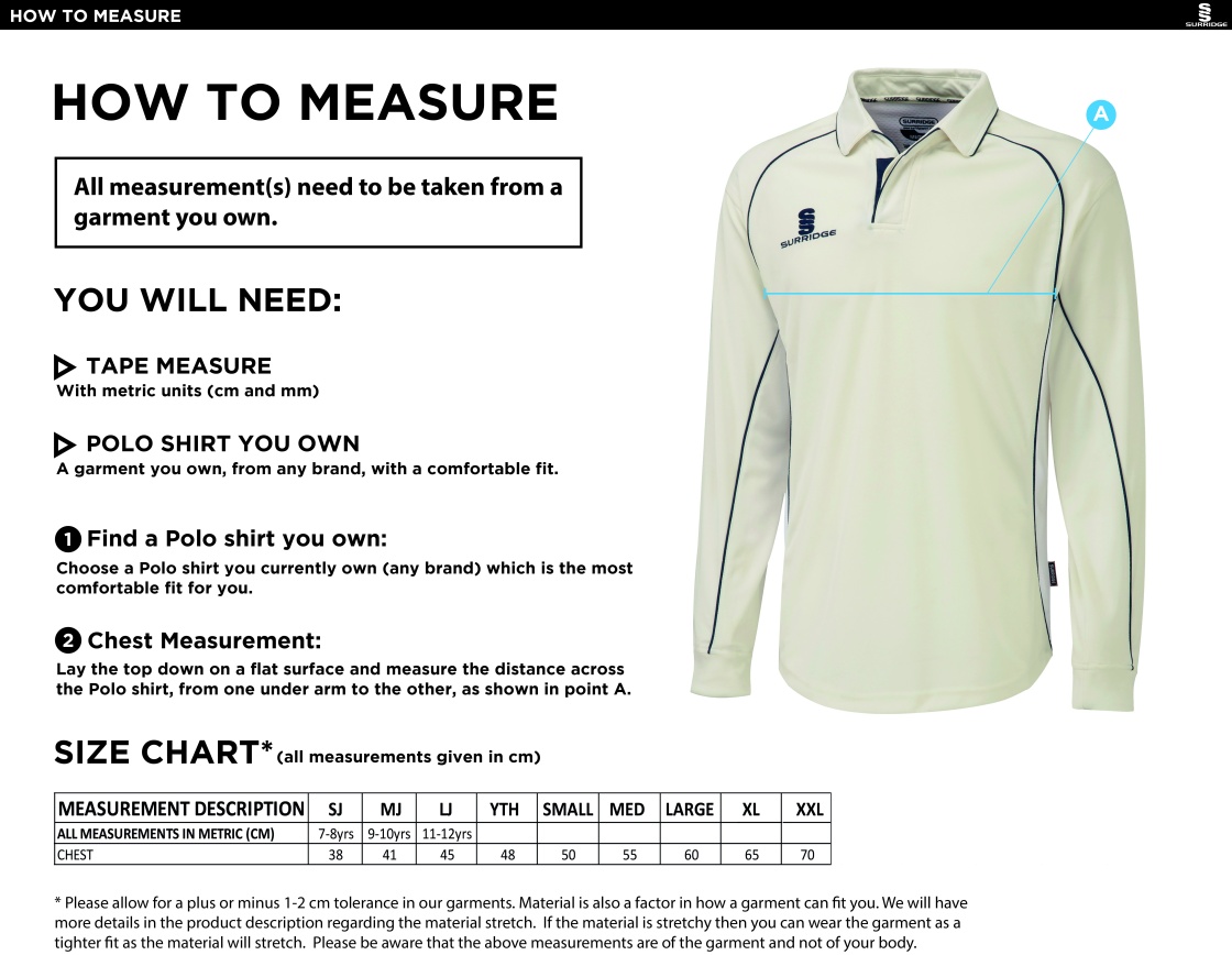 Belmont CC Long Sleeve Premier Cricket Shirt - Size Guide
