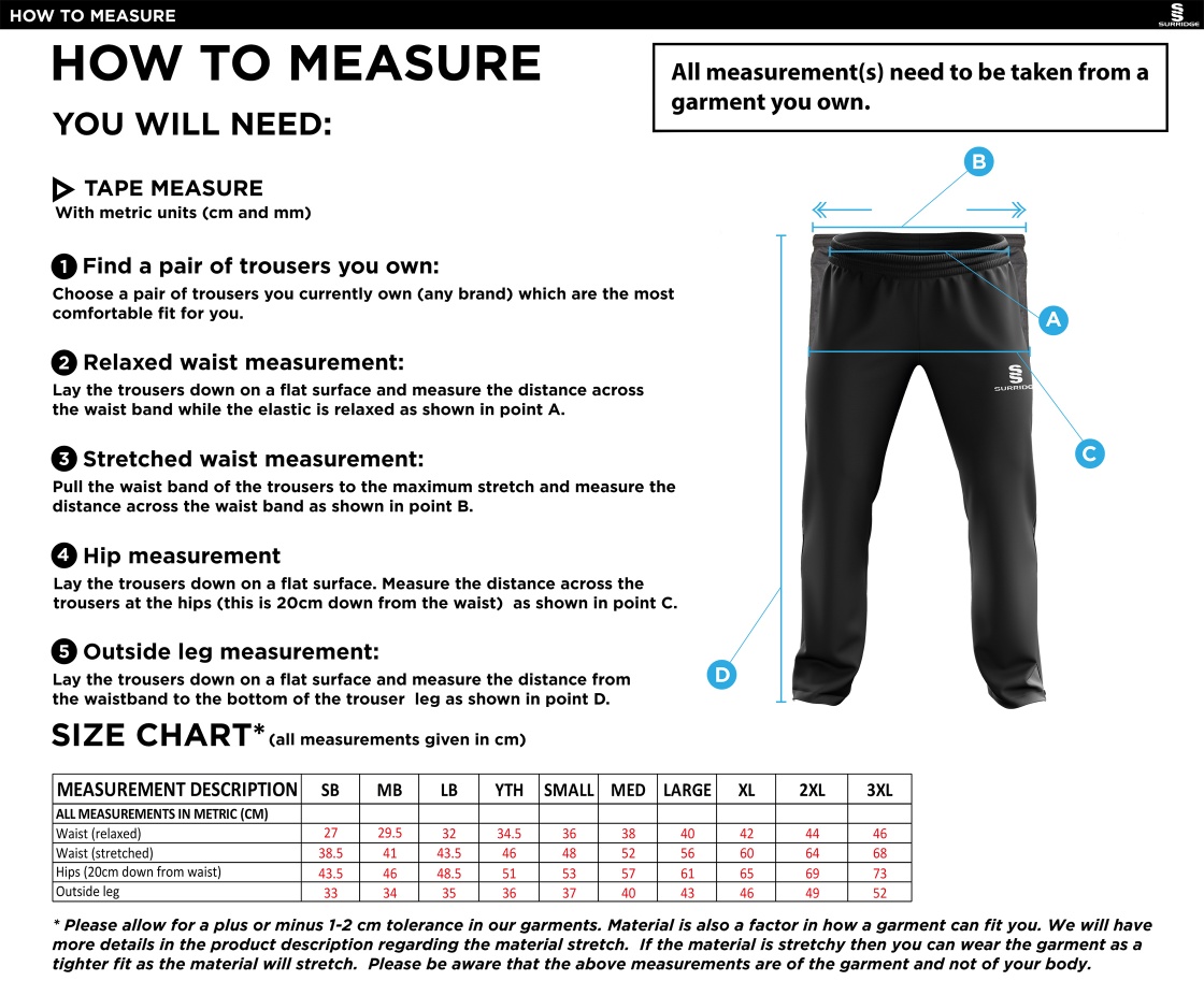 Belmont CC Rip Stop Track Pant : Navy - Size Guide