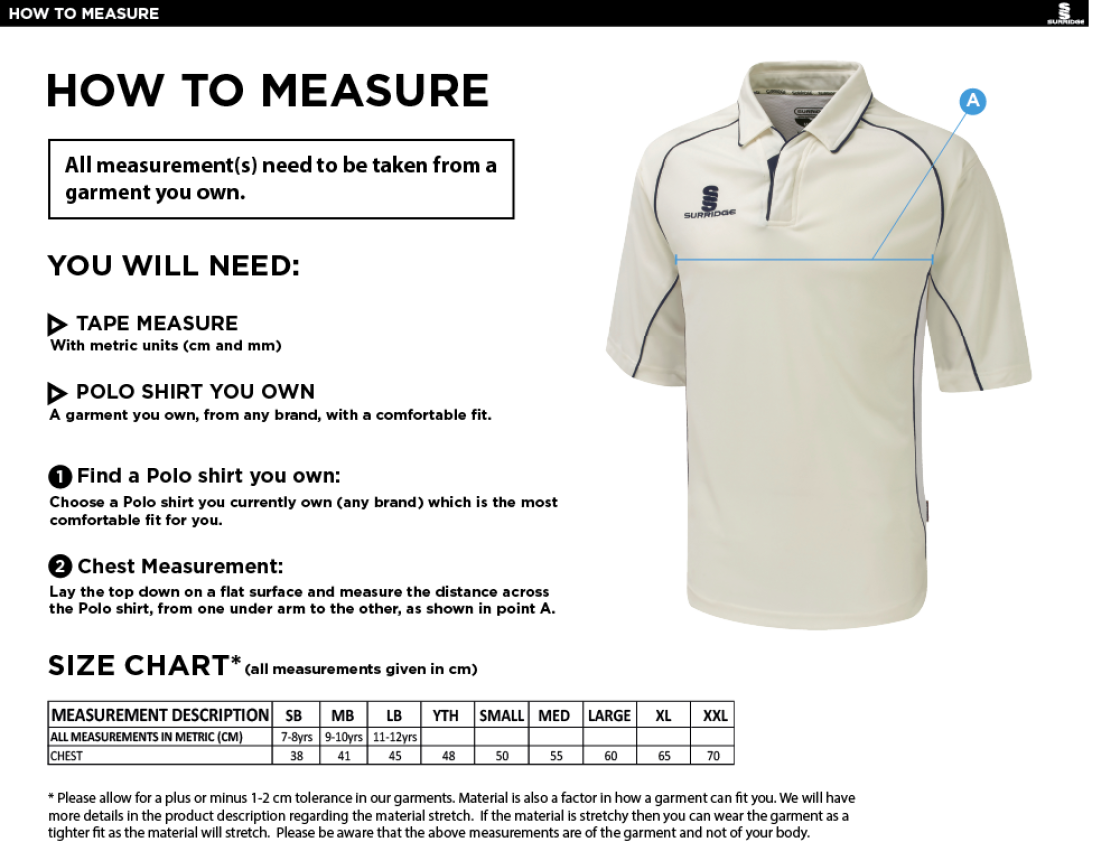 Belmont CC Dual Premier Short Sleeve Shirt - Size Guide