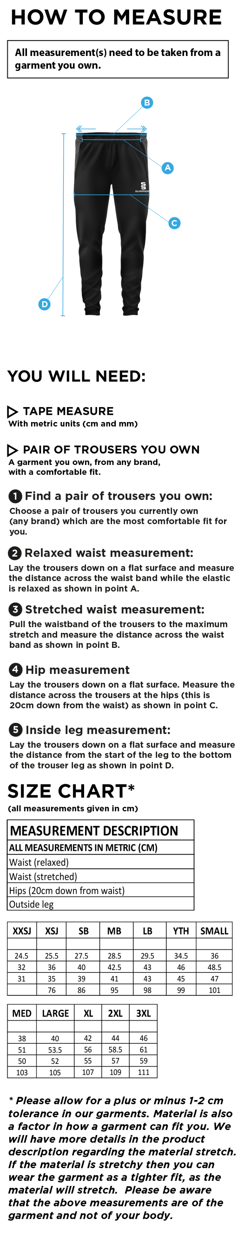 Belmont CC Tek Slim Training Pants : Navy - Size Guide