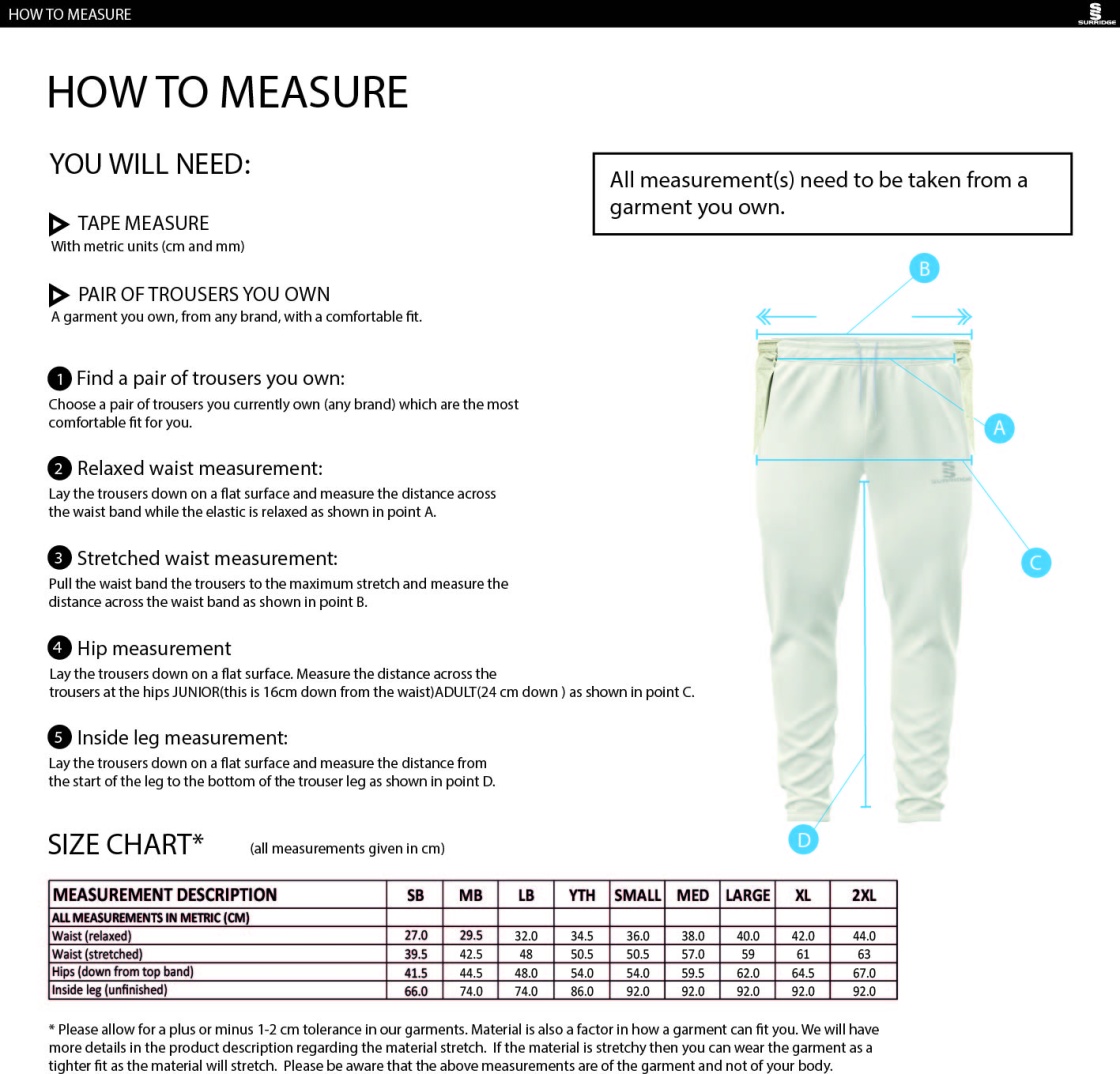 Belmont CC Ergo Cricket Trousers - Size Guide
