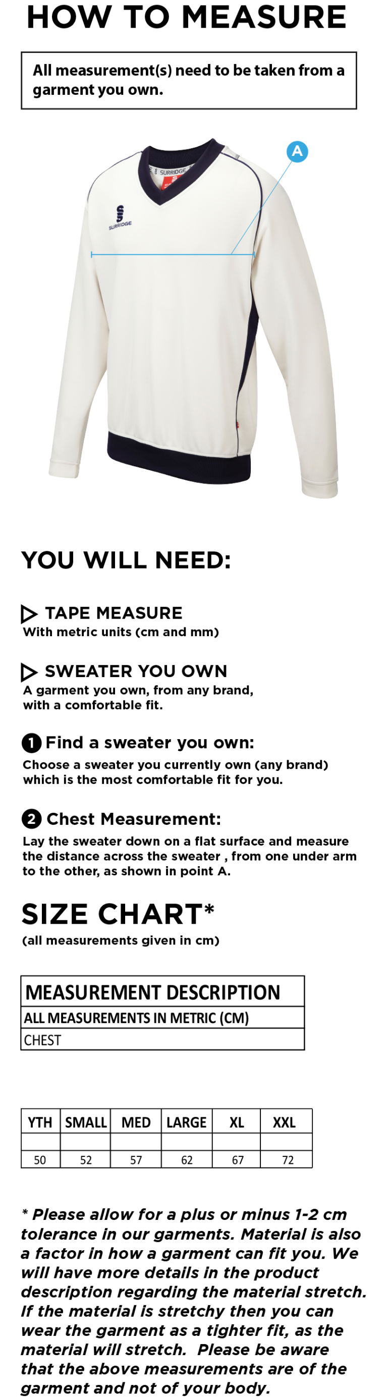 Belmont CC Long Sleeve Cricket Sweater - Size Guide