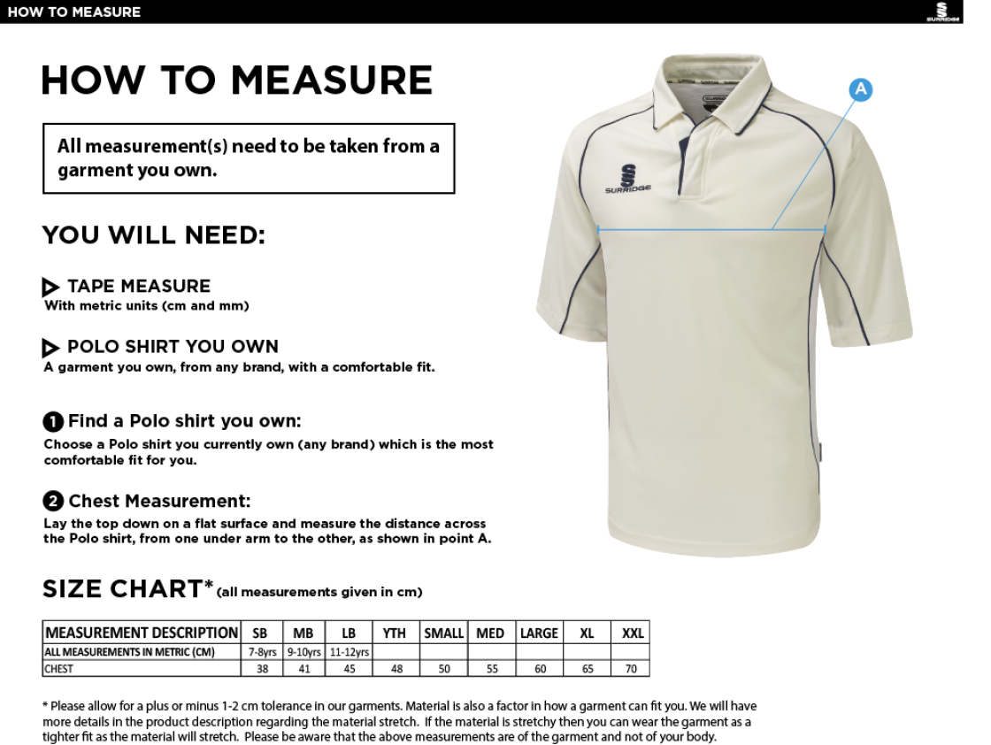 Belmont CC 3/4 Sleeve Premier Cricket Shirt - Size Guide
