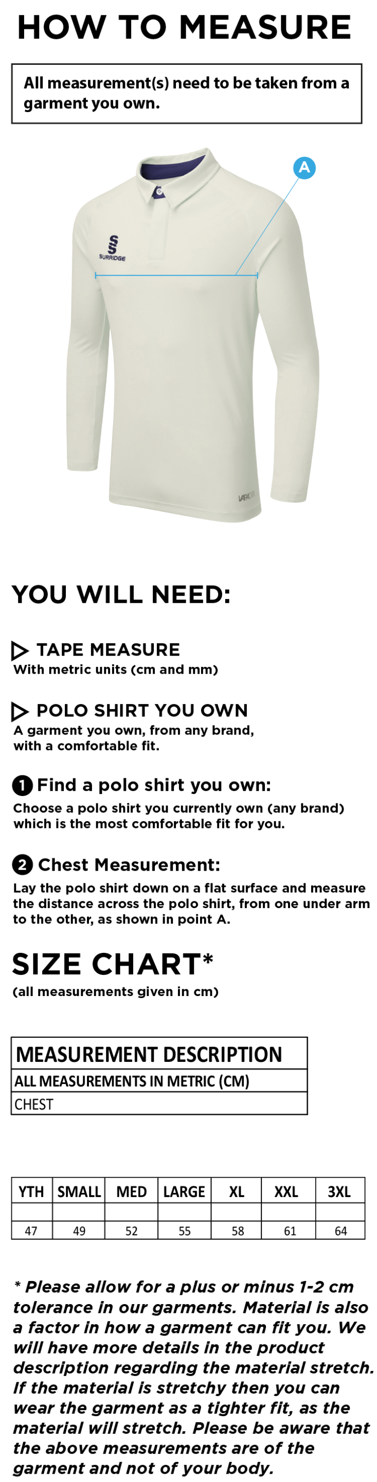 Belmont CC Long Sleeve Ergo Cricket Shirt - Size Guide