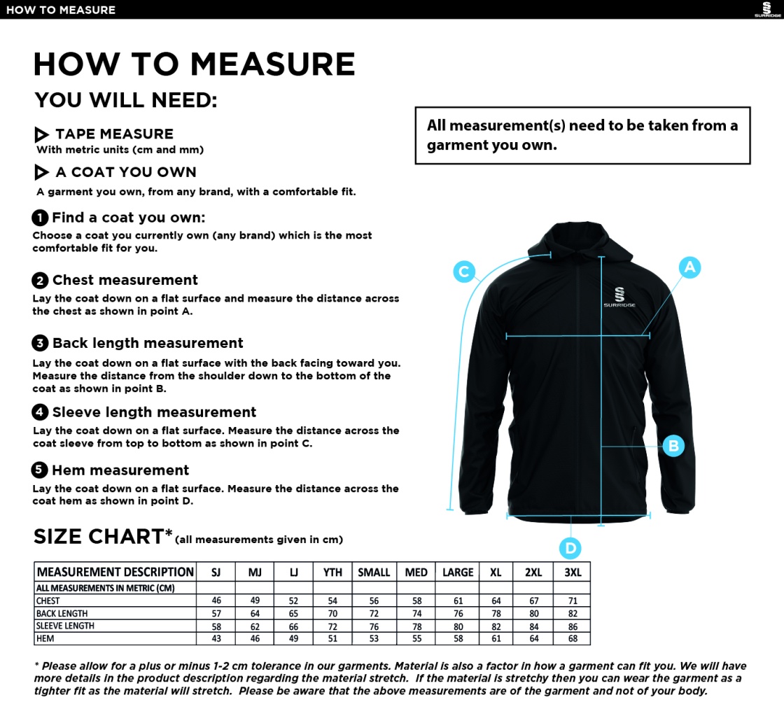 BELMONT CC Dual Elite 1/4 Zip Hoody / Rain Jacket - Size Guide