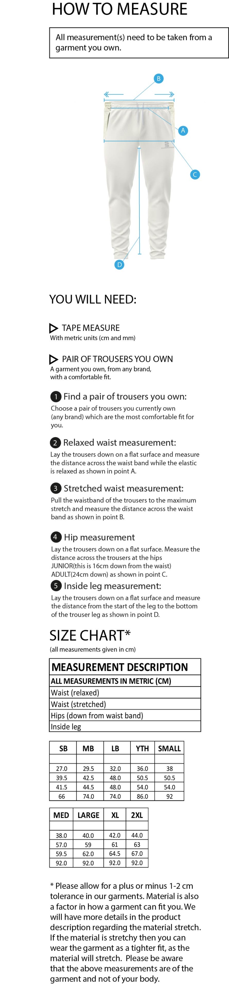 Belmont CC Ergo Cricket Trousers - Size Guide