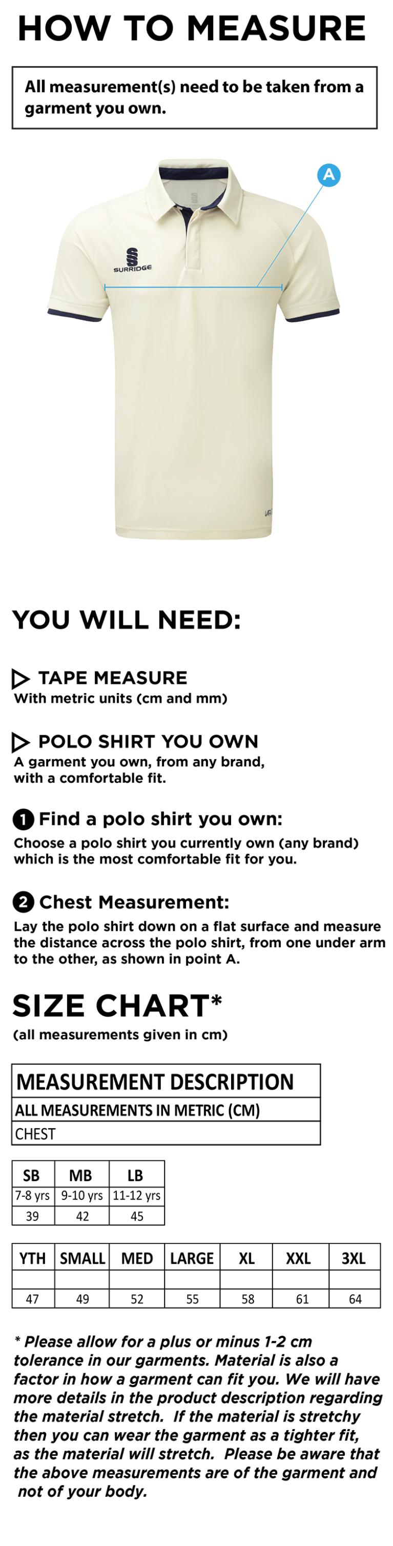 Belmont CC Short Sleeve Ergo Cricket Shirt - Size Guide