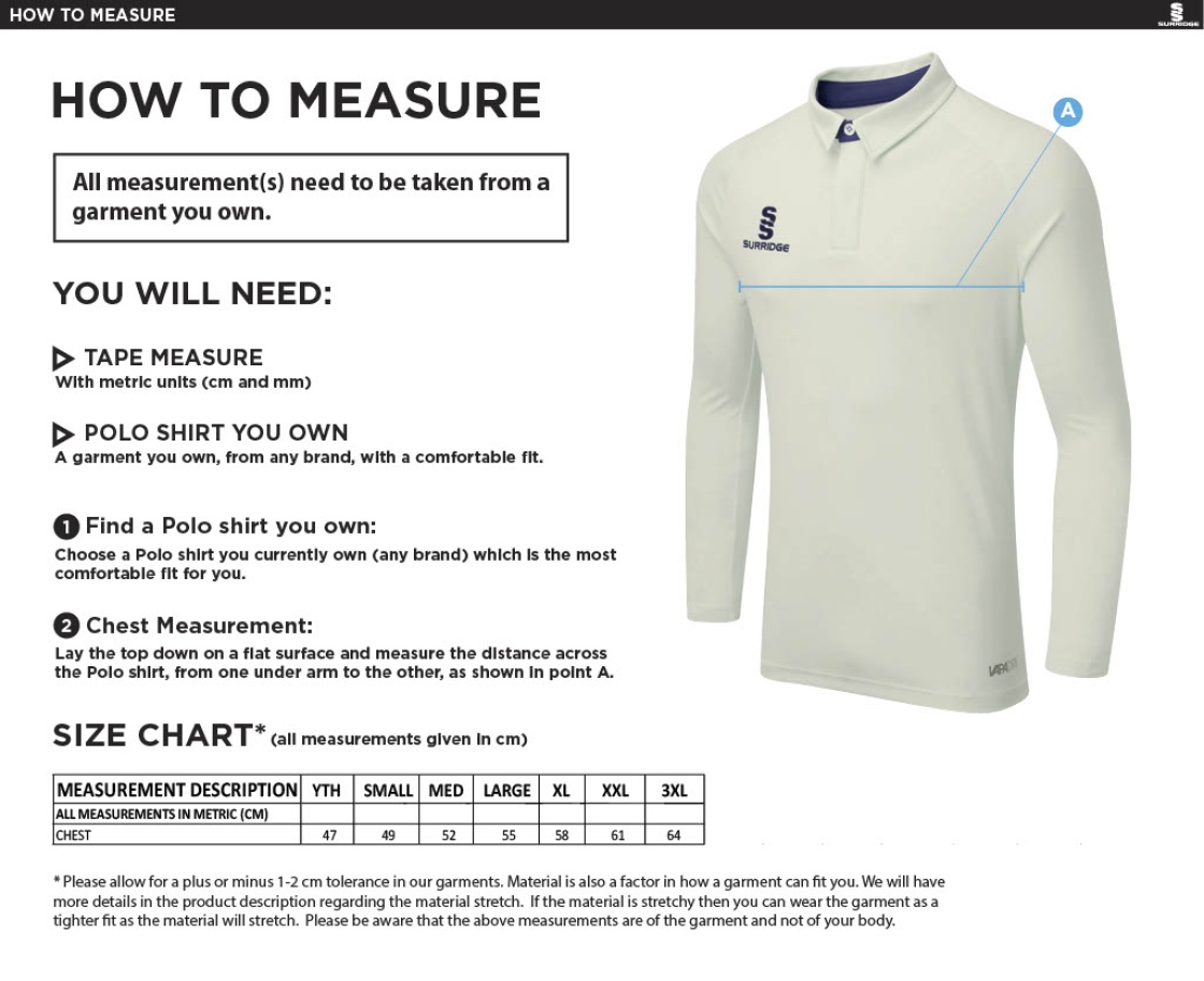 Belmont CC Long Sleeve Ergo Cricket Shirt - Size Guide