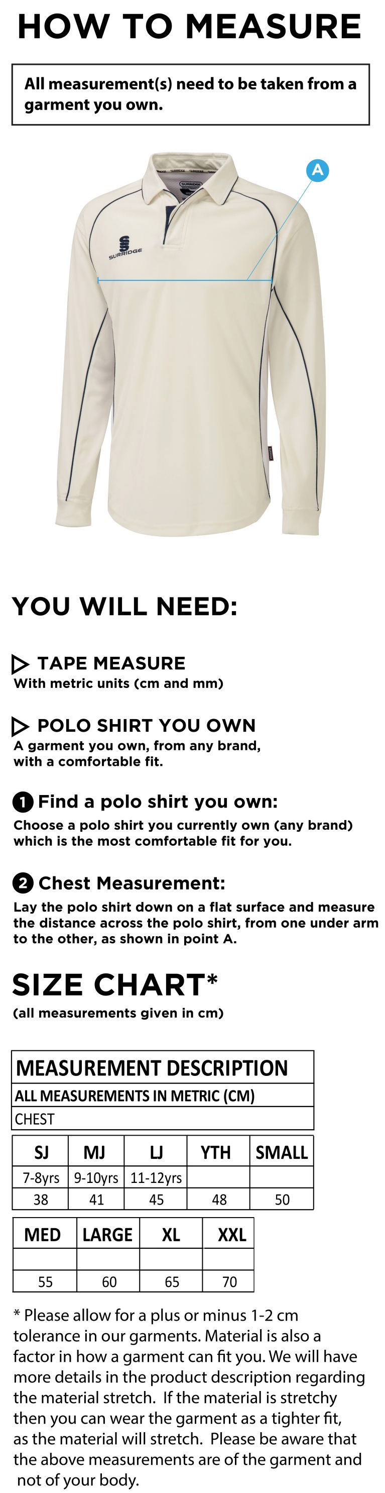 Belmont CC Long Sleeve Premier Cricket Shirt - Size Guide